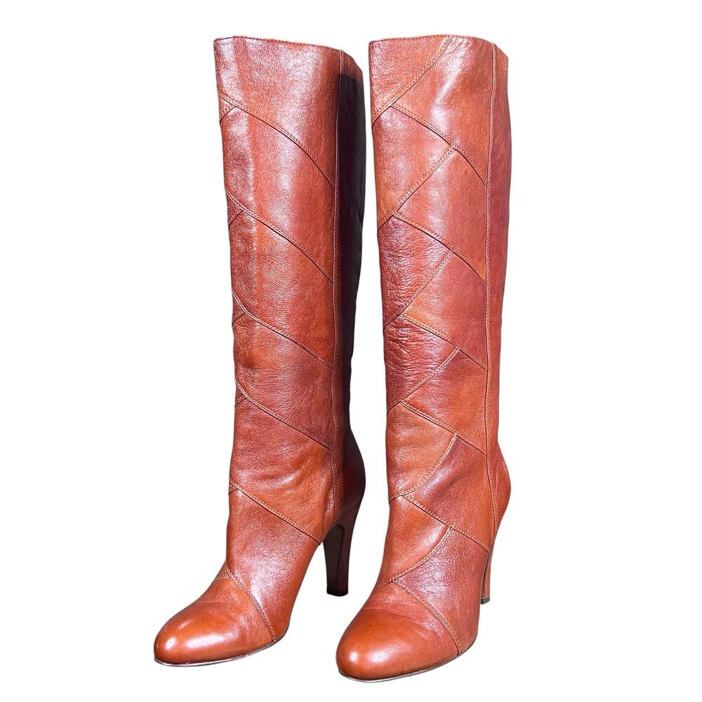 FRYE Ava Brown Leather Patchwork Knee High Riding Boot Size 7 - Picture 6 of 10